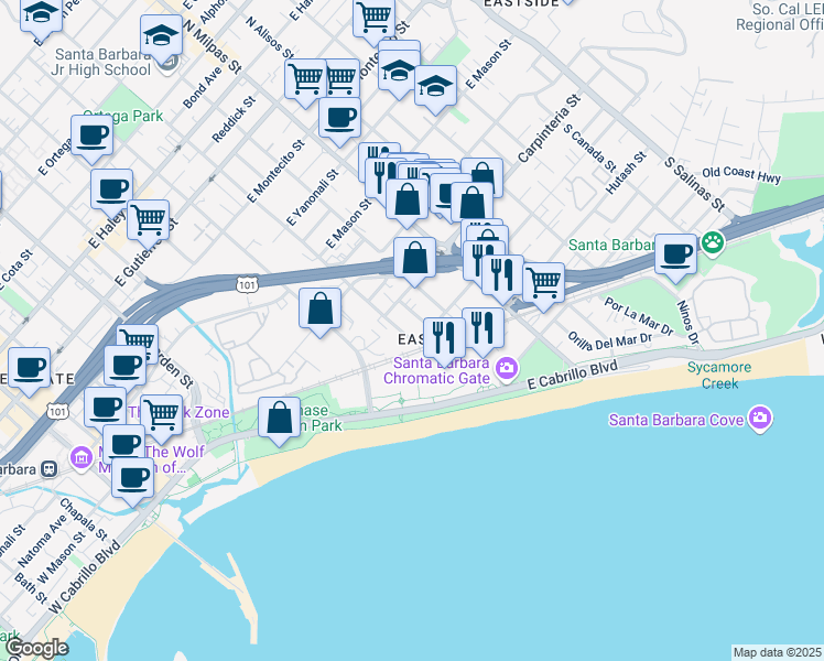 map of restaurants, bars, coffee shops, grocery stores, and more near 147 South Quarantina Street in Santa Barbara