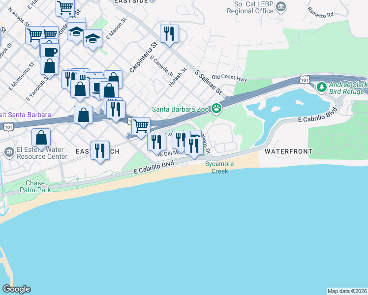 map of restaurants, bars, coffee shops, grocery stores, and more near 1029 Orilla Del Mar Drive in Santa Barbara