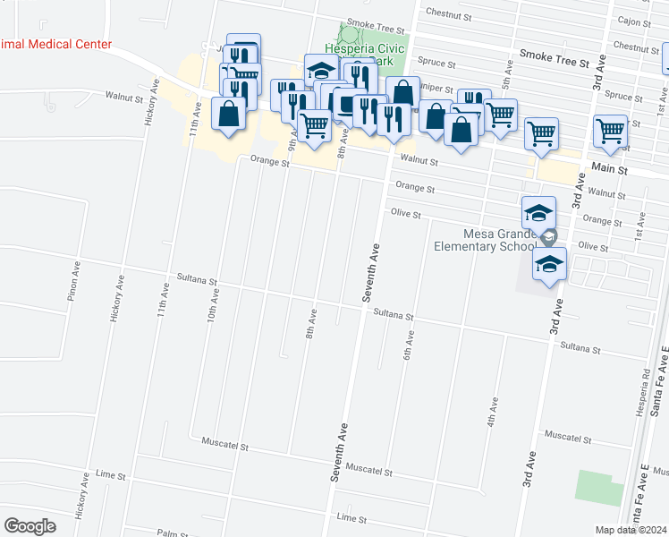 map of restaurants, bars, coffee shops, grocery stores, and more near 9154 Seventh Avenue in Hesperia