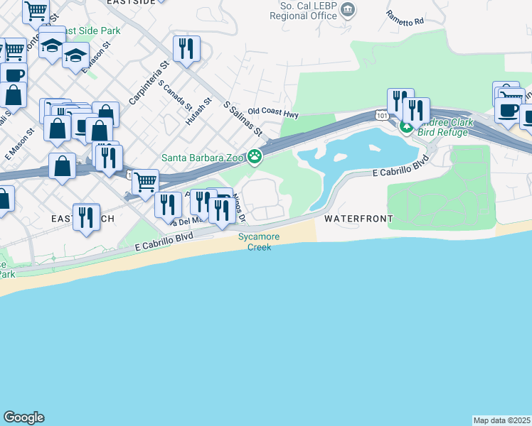 map of restaurants, bars, coffee shops, grocery stores, and more near 140 East Cabrillo Boulevard in Santa Barbara