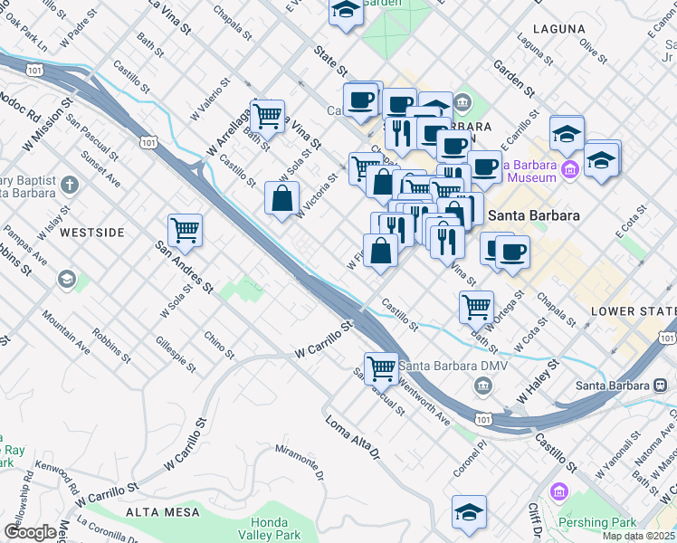 map of restaurants, bars, coffee shops, grocery stores, and more near 1025 Castillo Street in Santa Barbara