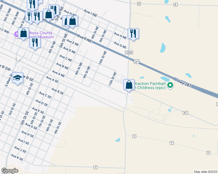map of restaurants, bars, coffee shops, grocery stores, and more near 201 12th Street Northeast in Childress