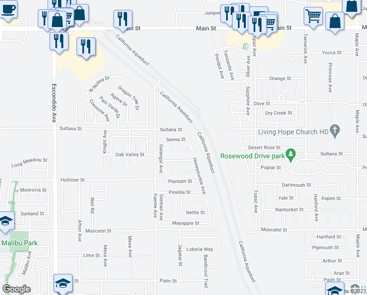 map of restaurants, bars, coffee shops, grocery stores, and more near 13868 Sagassum Court in Hesperia