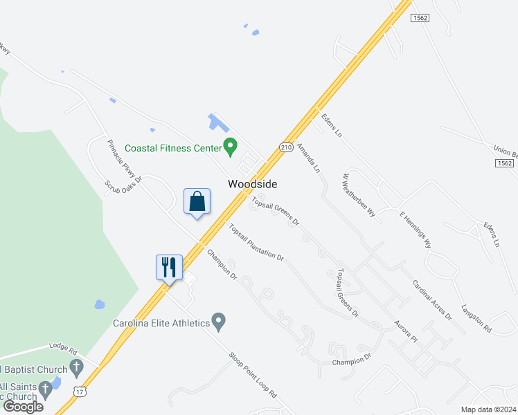 map of restaurants, bars, coffee shops, grocery stores, and more near Admiral Court in Pender County