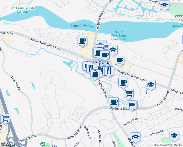 map of restaurants, bars, coffee shops, grocery stores, and more near 24505 Town Center Drive in Santa Clarita