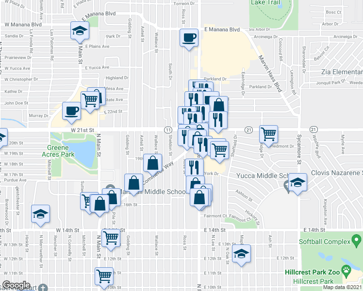 map of restaurants, bars, coffee shops, grocery stores, and more near 1924 Ross Street in Clovis