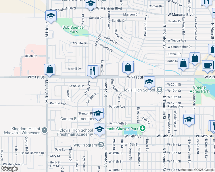map of restaurants, bars, coffee shops, grocery stores, and more near 2005 Cameo Street in Clovis