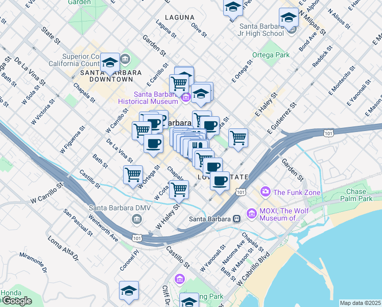 map of restaurants, bars, coffee shops, grocery stores, and more near 539 State Street in Santa Barbara