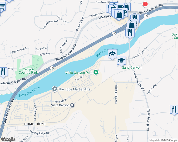 map of restaurants, bars, coffee shops, grocery stores, and more near 17025 Zion Drive in Santa Clarita