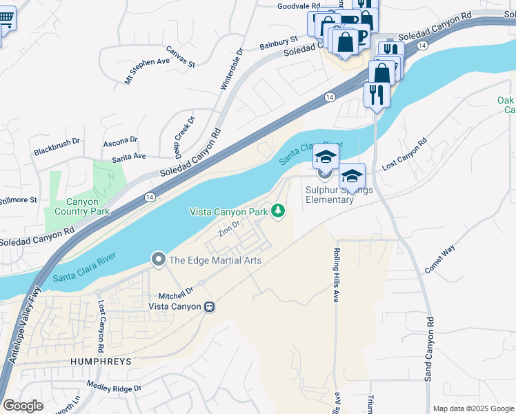 map of restaurants, bars, coffee shops, grocery stores, and more near 17025 Zion Drive in Santa Clarita