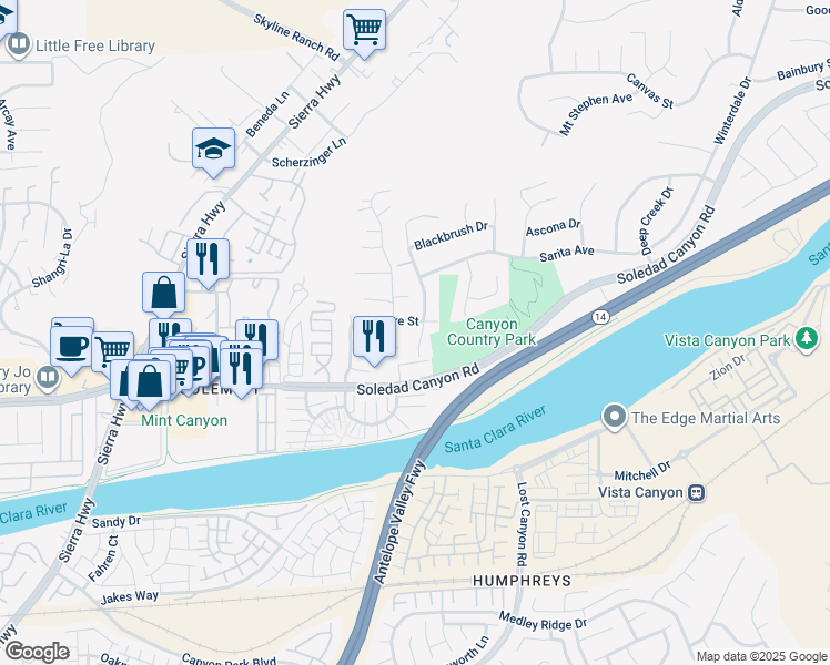 map of restaurants, bars, coffee shops, grocery stores, and more near 27855 Lost Springs Road in Santa Clarita