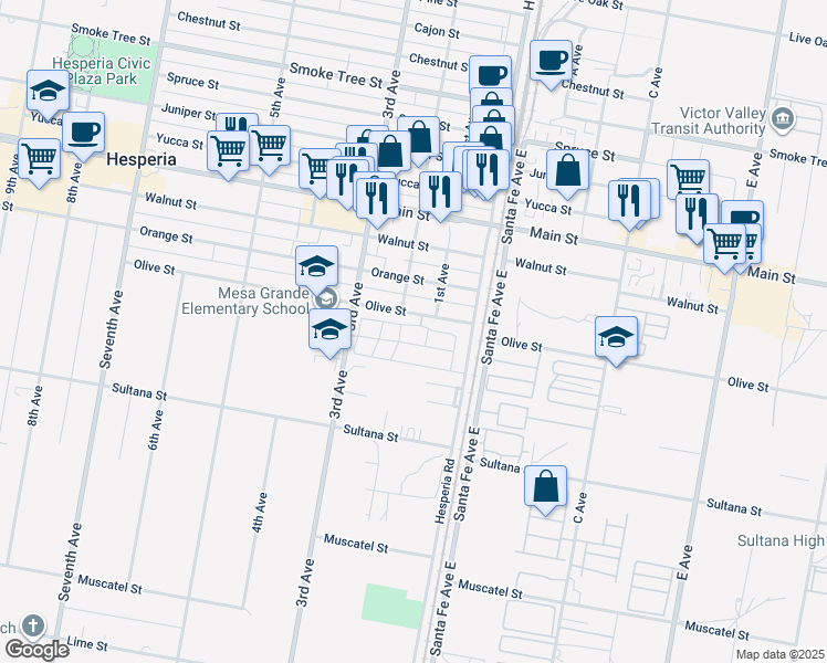 map of restaurants, bars, coffee shops, grocery stores, and more near 16550 Olive Street in Hesperia