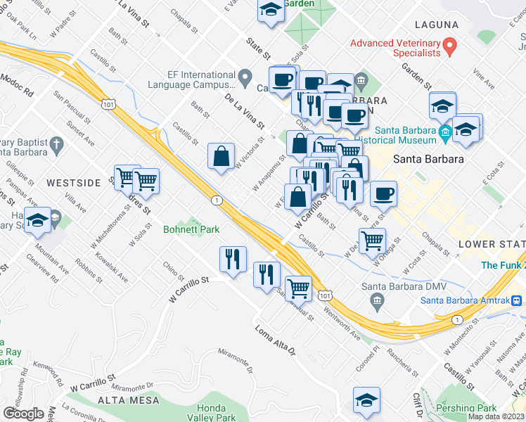 map of restaurants, bars, coffee shops, grocery stores, and more near 406 West Figueroa Street in Santa Barbara