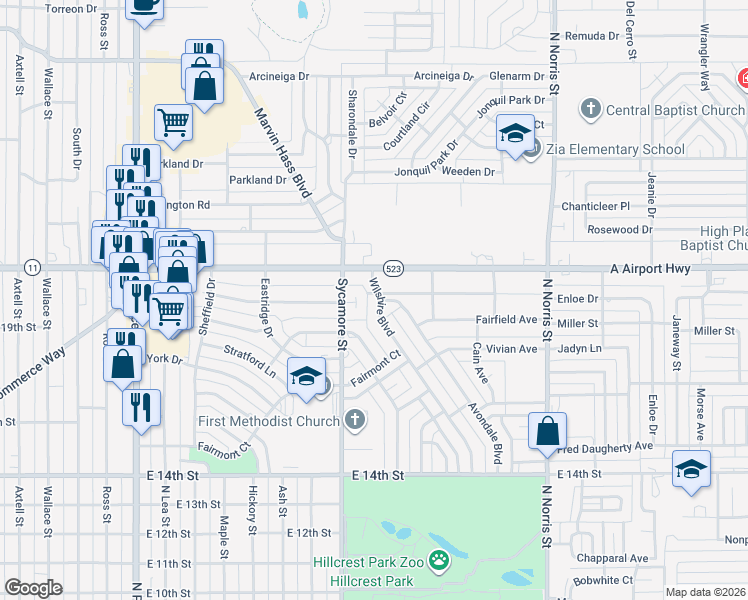 map of restaurants, bars, coffee shops, grocery stores, and more near 1920 Wilshire Boulevard in Clovis