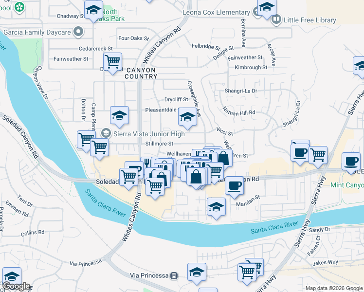 map of restaurants, bars, coffee shops, grocery stores, and more near 19058 Stillmore Street in Santa Clarita