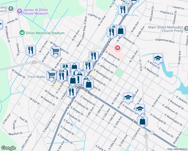 map of restaurants, bars, coffee shops, grocery stores, and more near 201-299 North 4th Avenue in Dillon