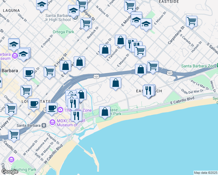 map of restaurants, bars, coffee shops, grocery stores, and more near 124 Quinientos Street in Santa Barbara