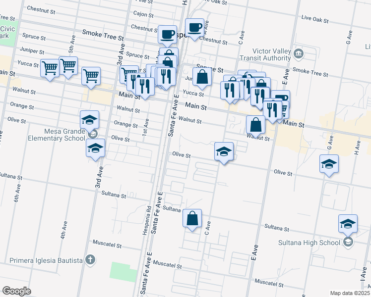 map of restaurants, bars, coffee shops, grocery stores, and more near 16550 Olive Street in Hesperia