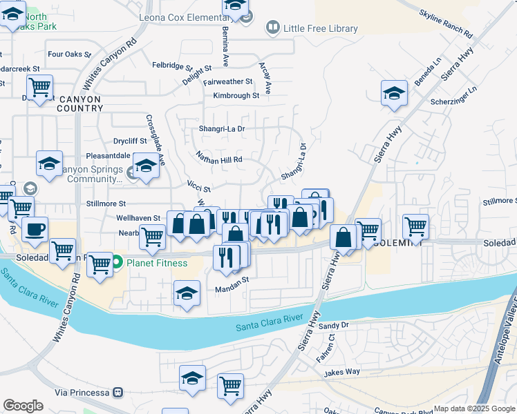map of restaurants, bars, coffee shops, grocery stores, and more near 18619 El Dorado Court in Santa Clarita