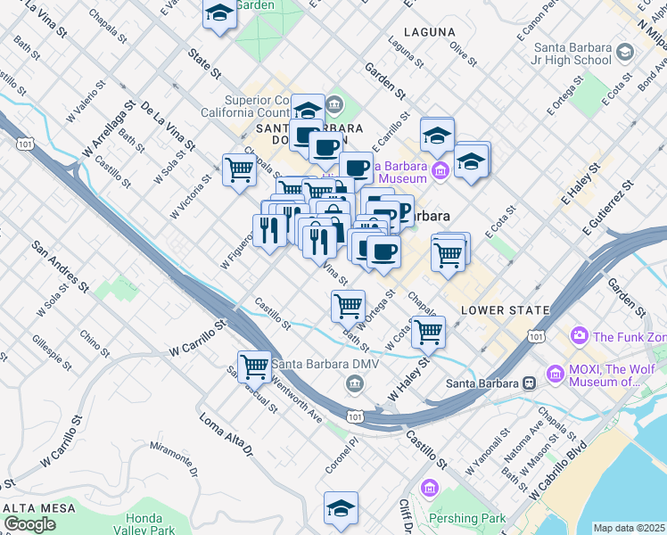map of restaurants, bars, coffee shops, grocery stores, and more near 828 Bath Street in Santa Barbara
