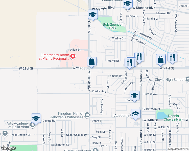 map of restaurants, bars, coffee shops, grocery stores, and more near 2121 West 21st Street in Clovis