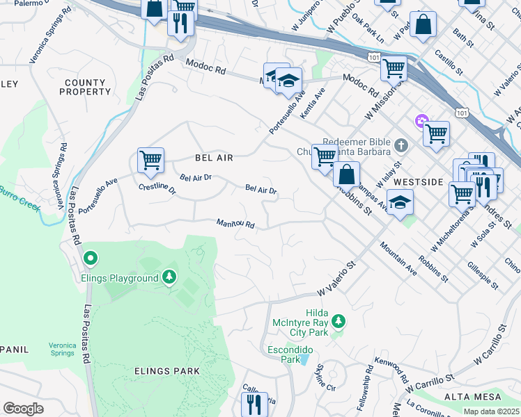 map of restaurants, bars, coffee shops, grocery stores, and more near 1109 Bel Air Drive in Santa Barbara