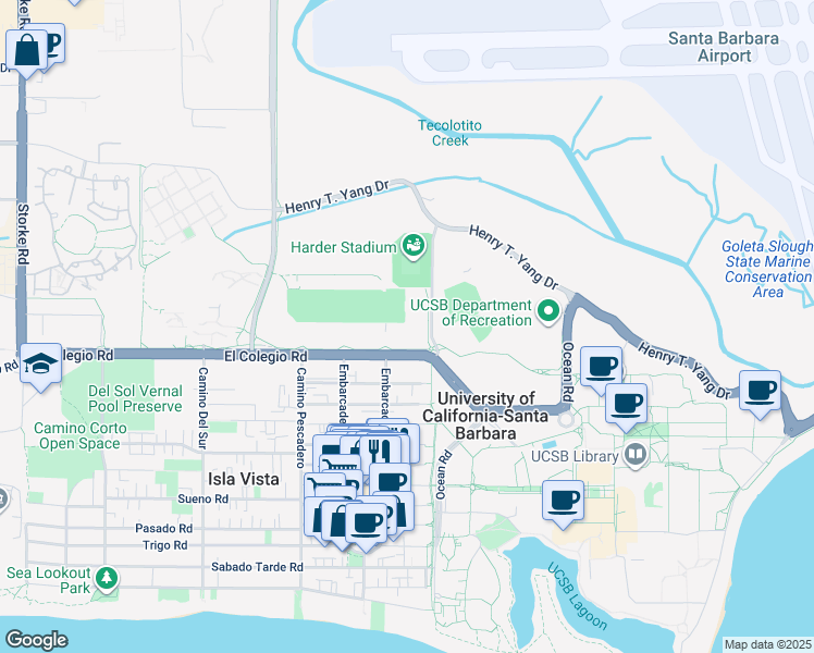map of restaurants, bars, coffee shops, grocery stores, and more near 6510 El Colegio Road in Goleta