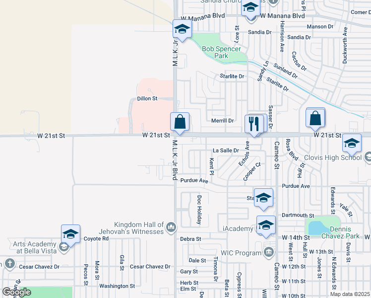 map of restaurants, bars, coffee shops, grocery stores, and more near 528 La Salle Drive in Clovis