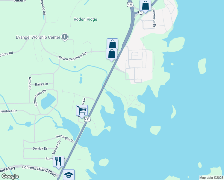 map of restaurants, bars, coffee shops, grocery stores, and more near 35 Baptist Camp Road in Guntersville