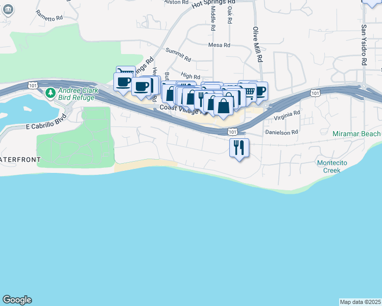 map of restaurants, bars, coffee shops, grocery stores, and more near 1147 Hill Road in Montecito