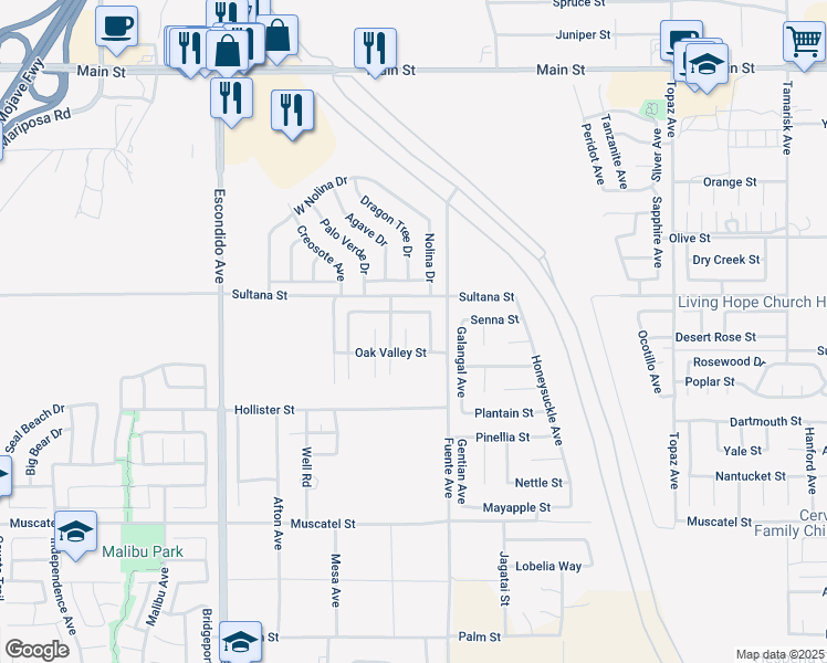 map of restaurants, bars, coffee shops, grocery stores, and more near 9247 Barnwood Court in Hesperia