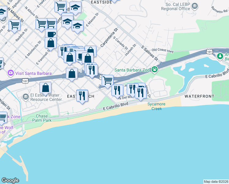 map of restaurants, bars, coffee shops, grocery stores, and more near 925 Calle Puerto Vallarta in Santa Barbara