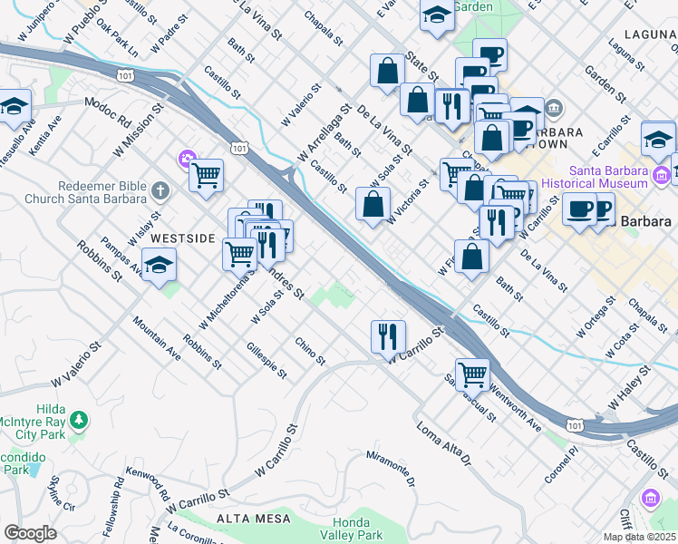 map of restaurants, bars, coffee shops, grocery stores, and more near 514 West Victoria Street in Santa Barbara