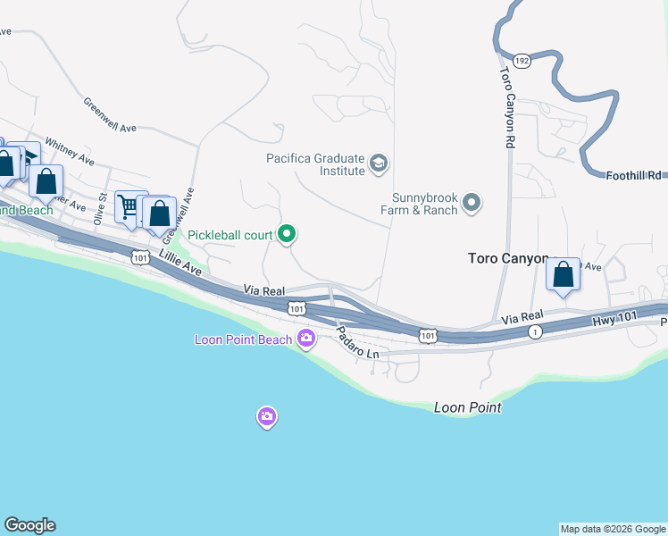 map of restaurants, bars, coffee shops, grocery stores, and more near 2709 Vista Oceano Lane in Summerland
