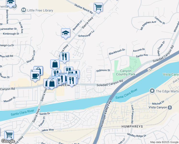 map of restaurants, bars, coffee shops, grocery stores, and more near 18035 Soledad Canyon Road in Santa Clarita