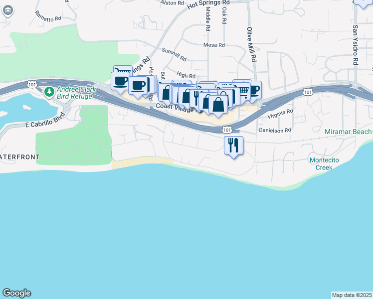 map of restaurants, bars, coffee shops, grocery stores, and more near 1147 Hill Road in Montecito