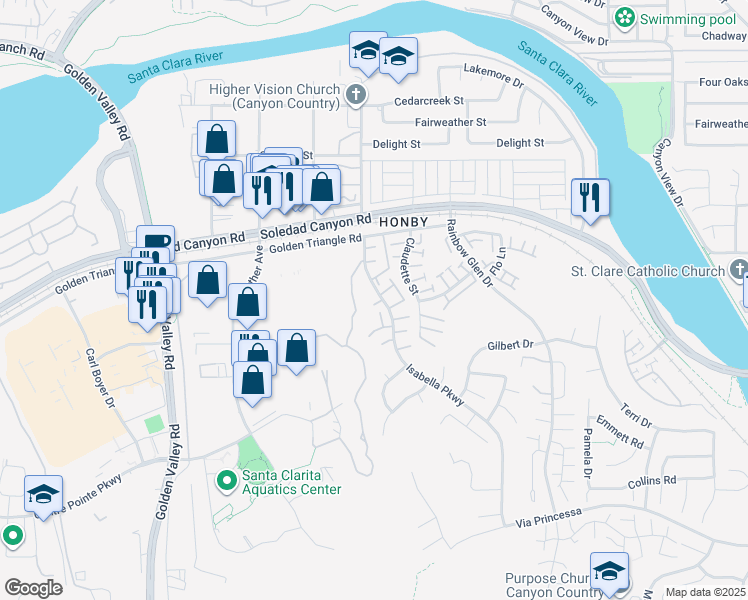 map of restaurants, bars, coffee shops, grocery stores, and more near 26741 Isabella Parkway in Santa Clarita