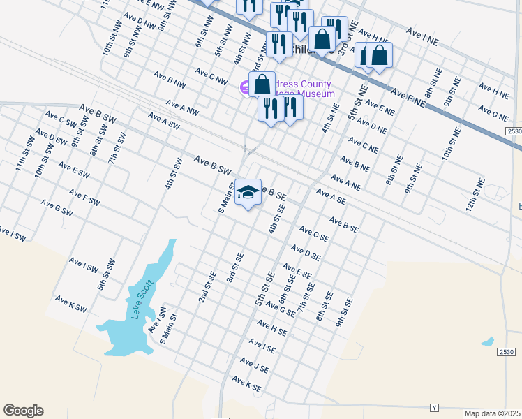 map of restaurants, bars, coffee shops, grocery stores, and more near 301 3rd Street Southeast in Childress
