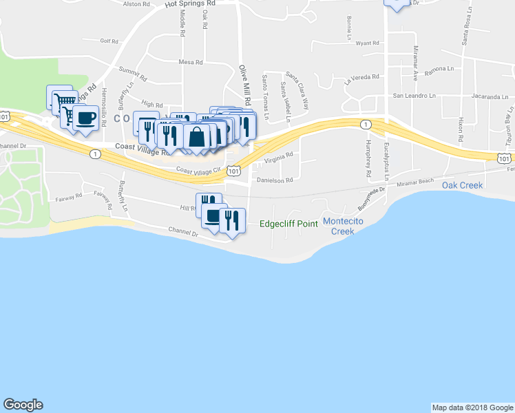 map of restaurants, bars, coffee shops, grocery stores, and more near 1344 Plaza De Sonadores in Santa Barbara