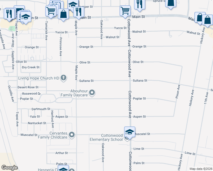 map of restaurants, bars, coffee shops, grocery stores, and more near 14711 Sultana Street in Hesperia