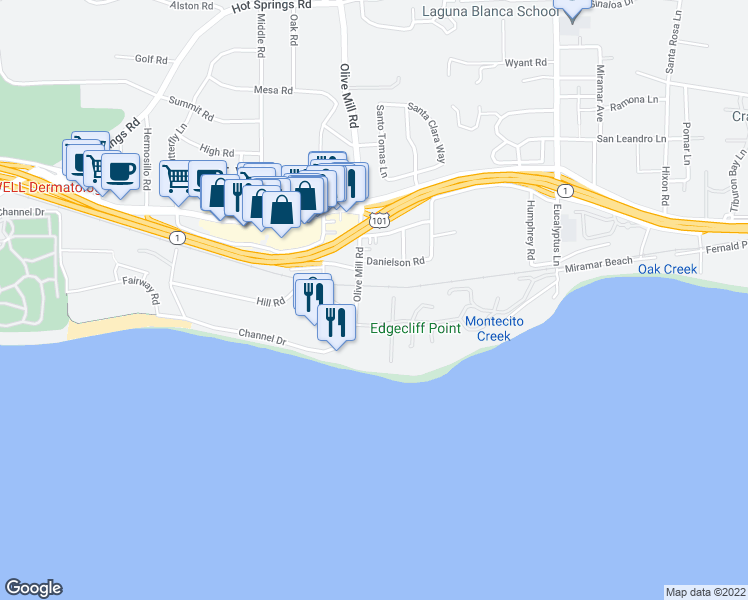 map of restaurants, bars, coffee shops, grocery stores, and more near 1308 Plaza De Sonadores in Montecito