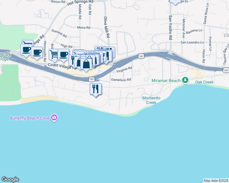 map of restaurants, bars, coffee shops, grocery stores, and more near 1308 Plaza De Sonadores in Montecito