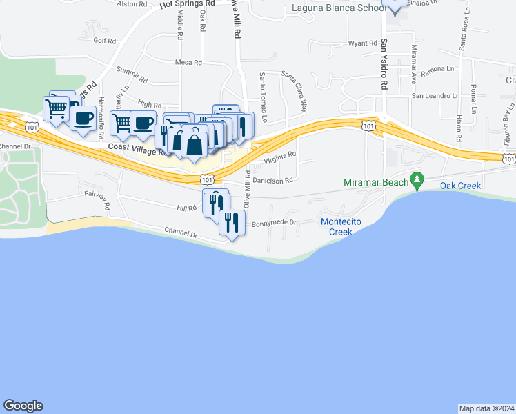 map of restaurants, bars, coffee shops, grocery stores, and more near 62 Olive Mill Road in Montecito