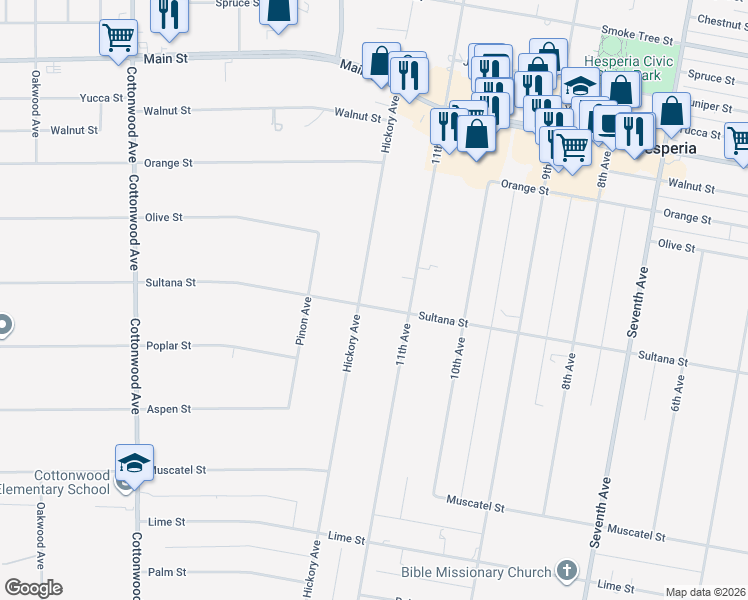 map of restaurants, bars, coffee shops, grocery stores, and more near 9239 Hickory Avenue in Hesperia