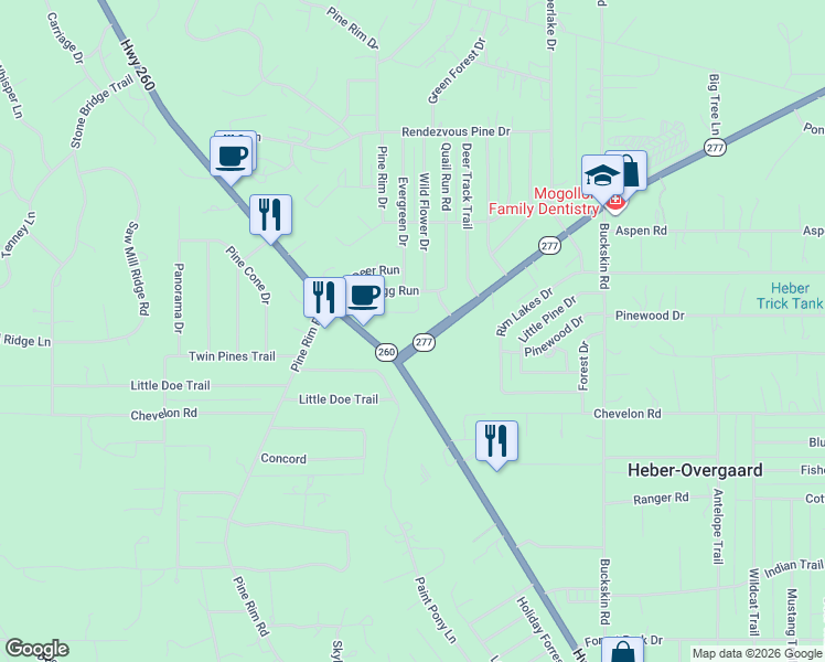 map of restaurants, bars, coffee shops, grocery stores, and more near 2008 Arizona 277 in Heber-Overgaard