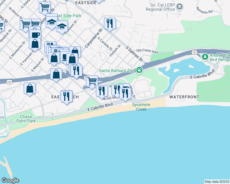 map of restaurants, bars, coffee shops, grocery stores, and more near 450 Por La Mar Drive in Santa Barbara