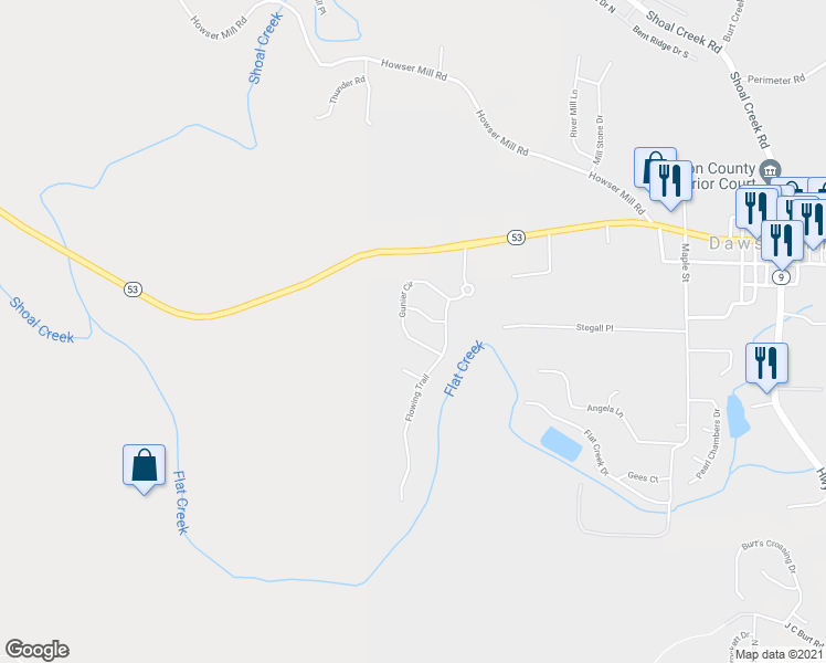 map of restaurants, bars, coffee shops, grocery stores, and more near 255 Gunier Circle in Dawsonville