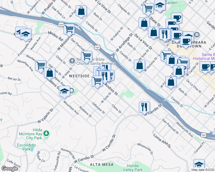 map of restaurants, bars, coffee shops, grocery stores, and more near San Andres Street in Santa Barbara