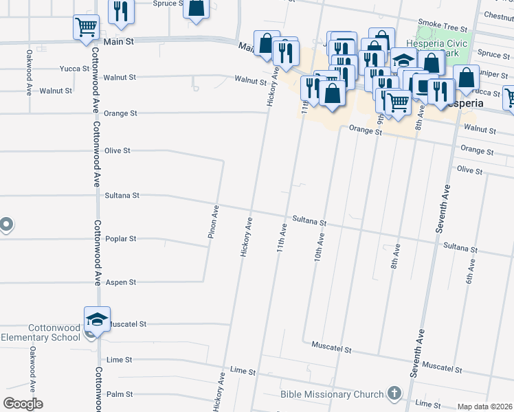 map of restaurants, bars, coffee shops, grocery stores, and more near 9239 Hickory Avenue in Hesperia