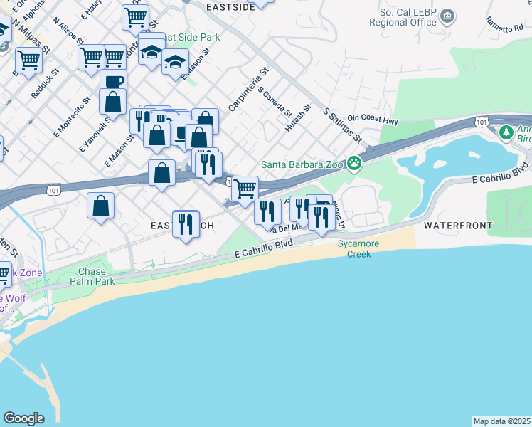 map of restaurants, bars, coffee shops, grocery stores, and more near 925 Calle Puerto Vallarta in Santa Barbara
